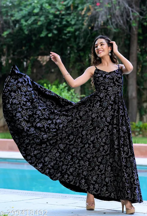 Rayon Printed Stylish Black Dress For Women/Girls