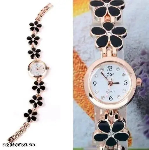 Flower Pattern Analogue Women's or Girls Watch (Rose Gold Black)