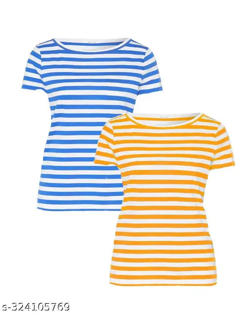 Simple Fancy Trendy Feminine Comfort Premium Women's and girl's Tops and Tshirts Pack of 2 Multicolor Cotton Striped short sleeves t-shirt with stylish printed round neck Pink ; white and Yellow ; white