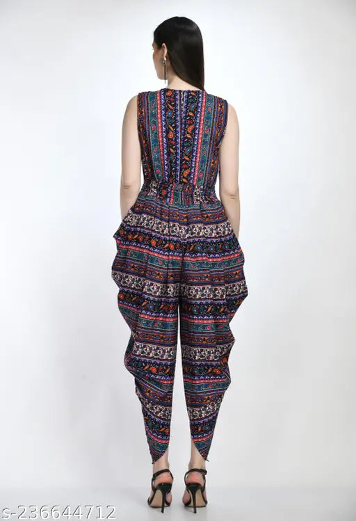 Fancy, modern, fashionable, classic, and latest women’s printed sleeveless maxi dhoti jumpsuit. Stylish one-piece dress with digital owl print, perfect for party wear