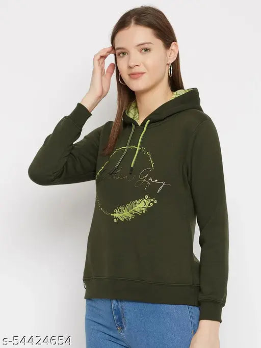 Women's Olive Printed Hooded Sweatshirt