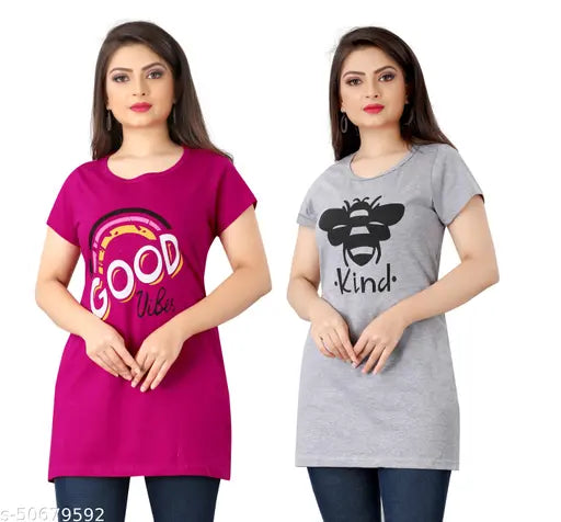 Comfy Elegant Cotton Women Tshirts(Pack of 2)