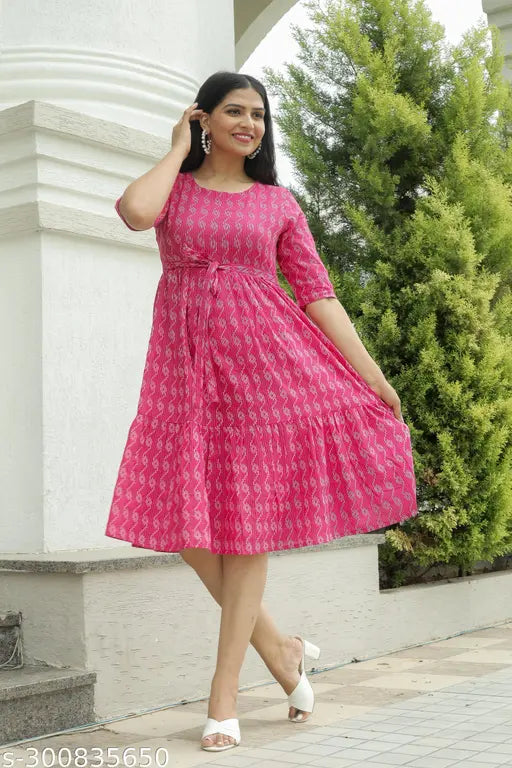 Elegant A line Cotton Dress In Solid Pattern