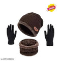 Trendy Winter Woolen Beanie Cap and Glove Set for Extra protection From cold for Men & Women (Black).