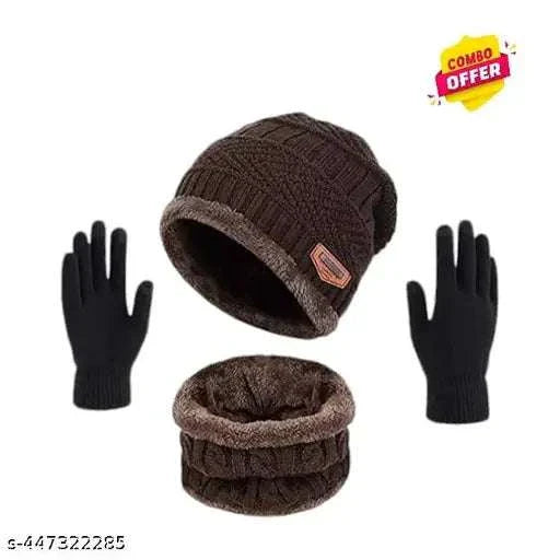 Trendy Winter Woolen Beanie Cap and Glove Set for Extra protection From cold for Men & Women (Black).