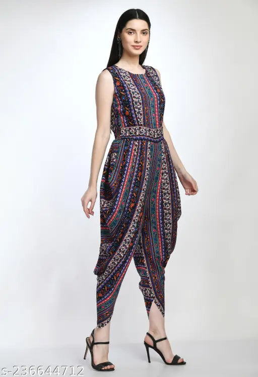 Fancy, modern, fashionable, classic, and latest women’s printed sleeveless maxi dhoti jumpsuit. Stylish one-piece dress with digital owl print, perfect for party wear