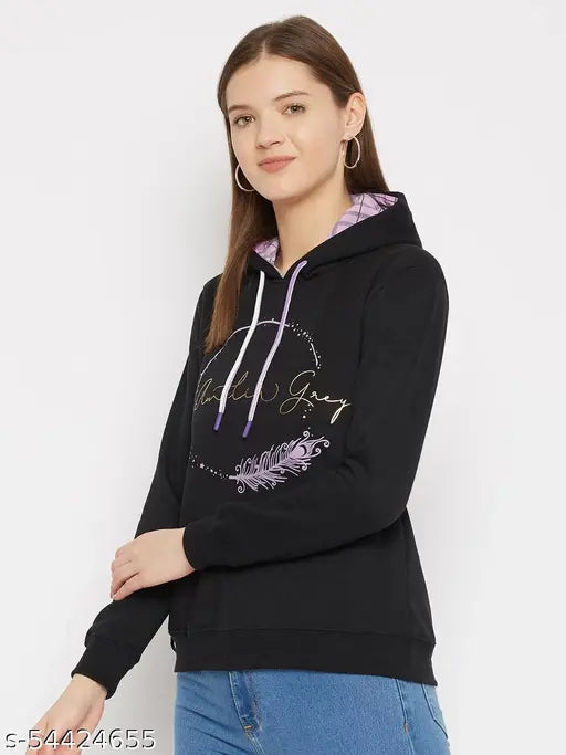 Women's Black Printed Hooded Sweatshirt