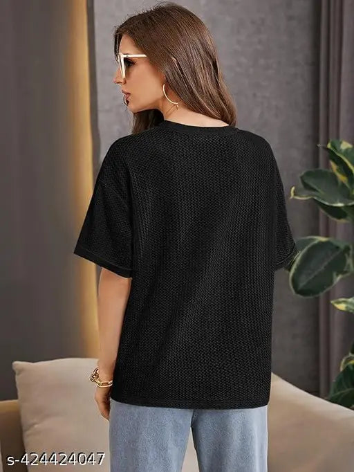 Women Self Design Round Neck Wool Black T-Shirt