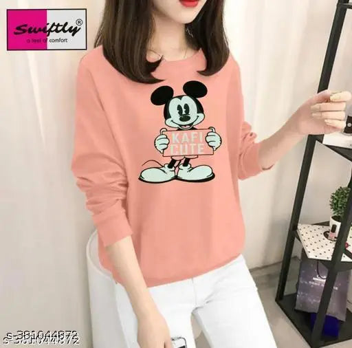 Women's Pure Cotton Mickkey Mouse Print Round Neck Full Sleeve Tshirt