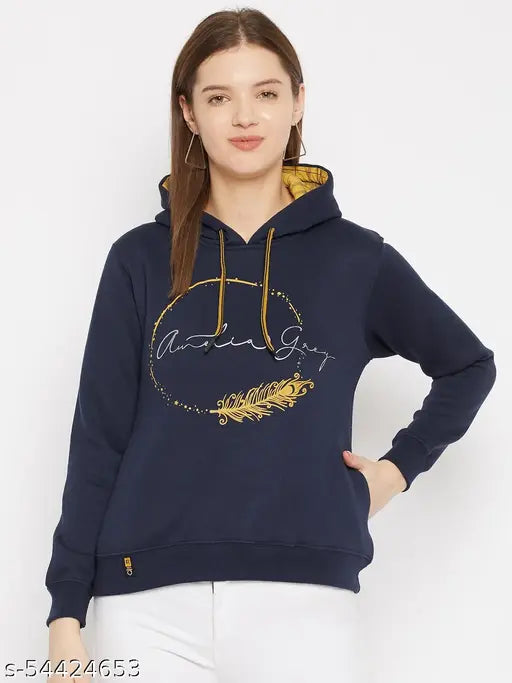 Women's Navy Blue Printed Hooded Sweatshirt