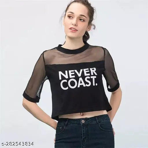 Istyle Can Cotton T-Shirt with Net Round Neck Short Sleeve: Never Coast Typography