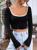 Stylish Deep Neck Bell Sleeve Crop Top ( Black With White Neck )