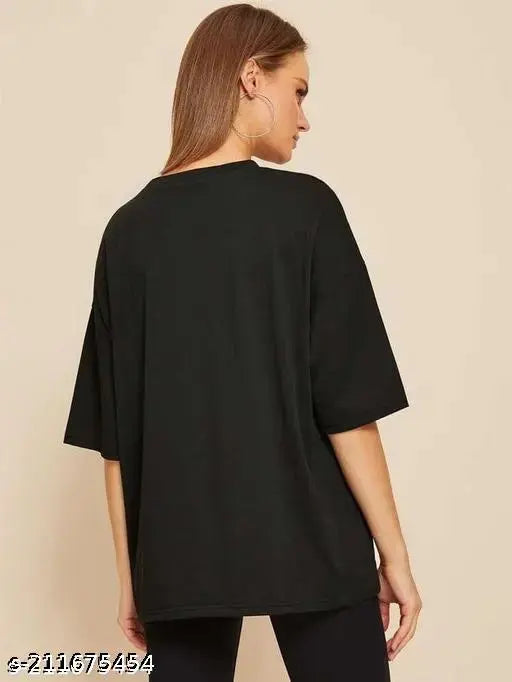 Calm Down Oversized 3/4 Sleeve Plain Black T-shirt for Women